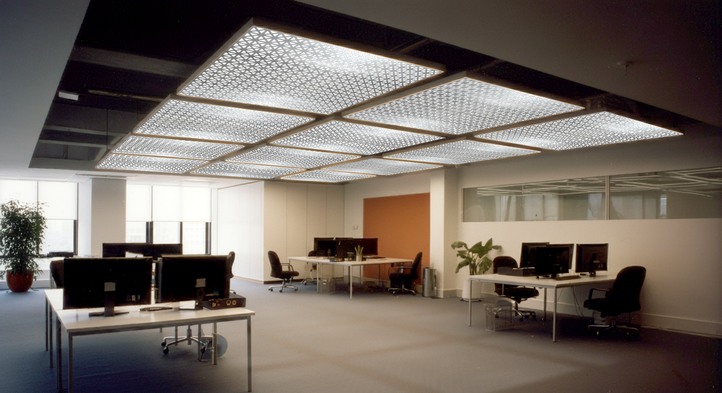 41-office area with suspended illuminated perforated metal ceiling panels