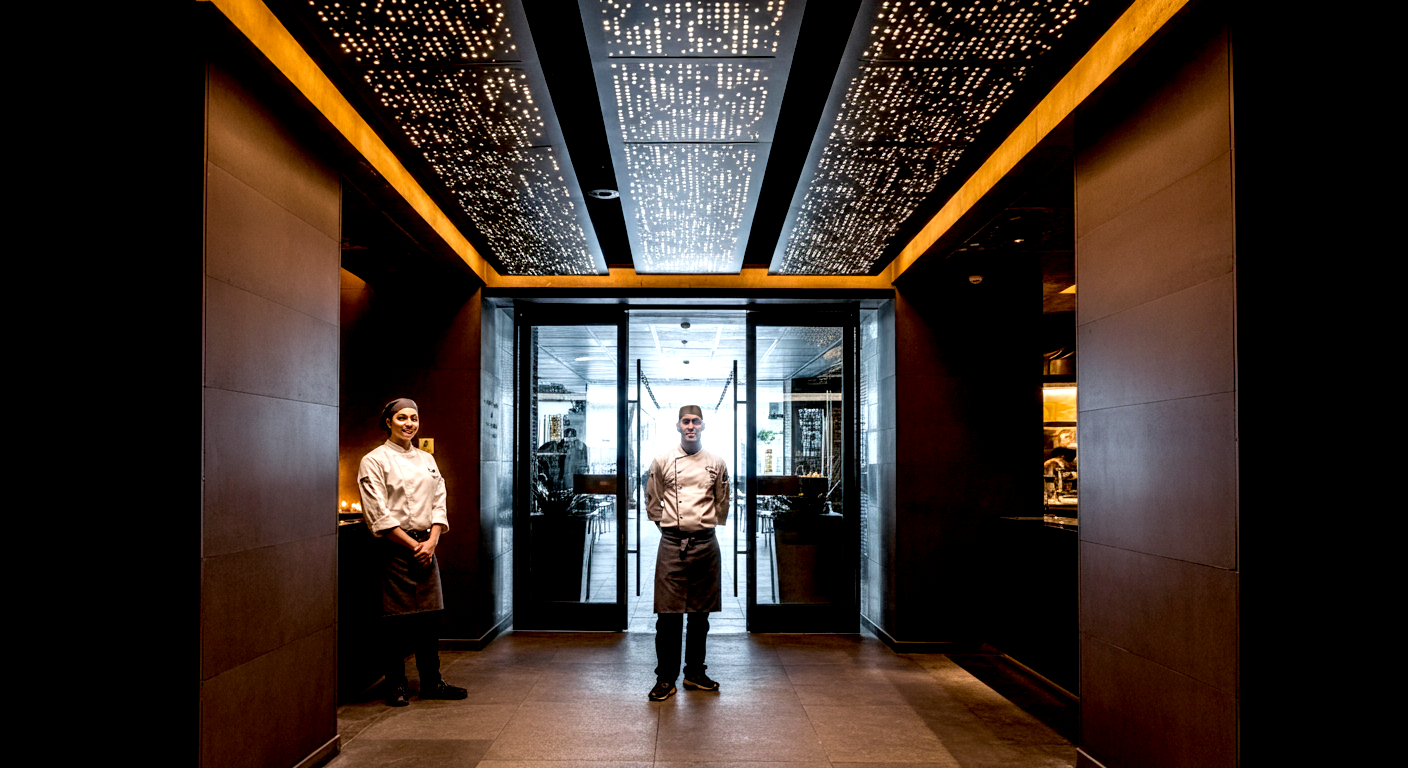 42-restaurant lobby with suspended luminous perforated metal panels