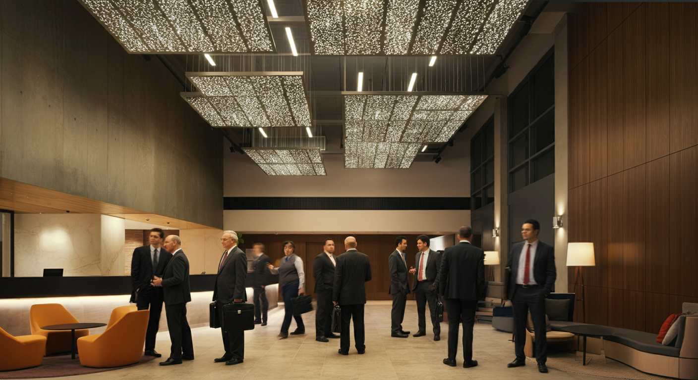 43-A lobby with suspended perforated metal ceiling panels